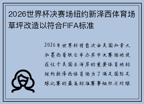 2026世界杯决赛场纽约新泽西体育场草坪改造以符合FIFA标准